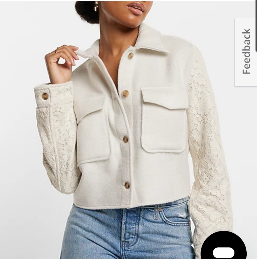 Express Tweed Lace Sleeve Cropped Shacket- XS